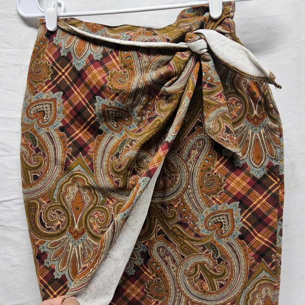 Perpetual Motion Faux Wrap Skirt Womens Large Brown Paisley Plaid Tie Front 90s - Picture 2 of 10